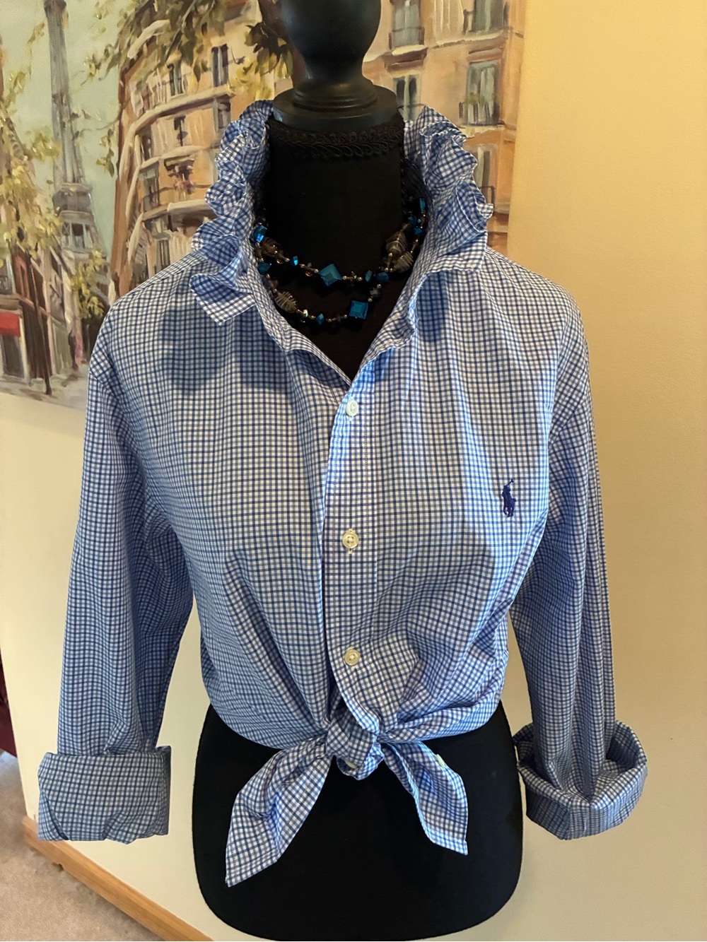 Ralph Lauren Blue and White Gingham Tie-Front Button Down Shirt